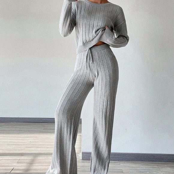 . Tops - Grey Casual Solid Ribbed Knit Sweater & Drawstring Waist Knit Pants
